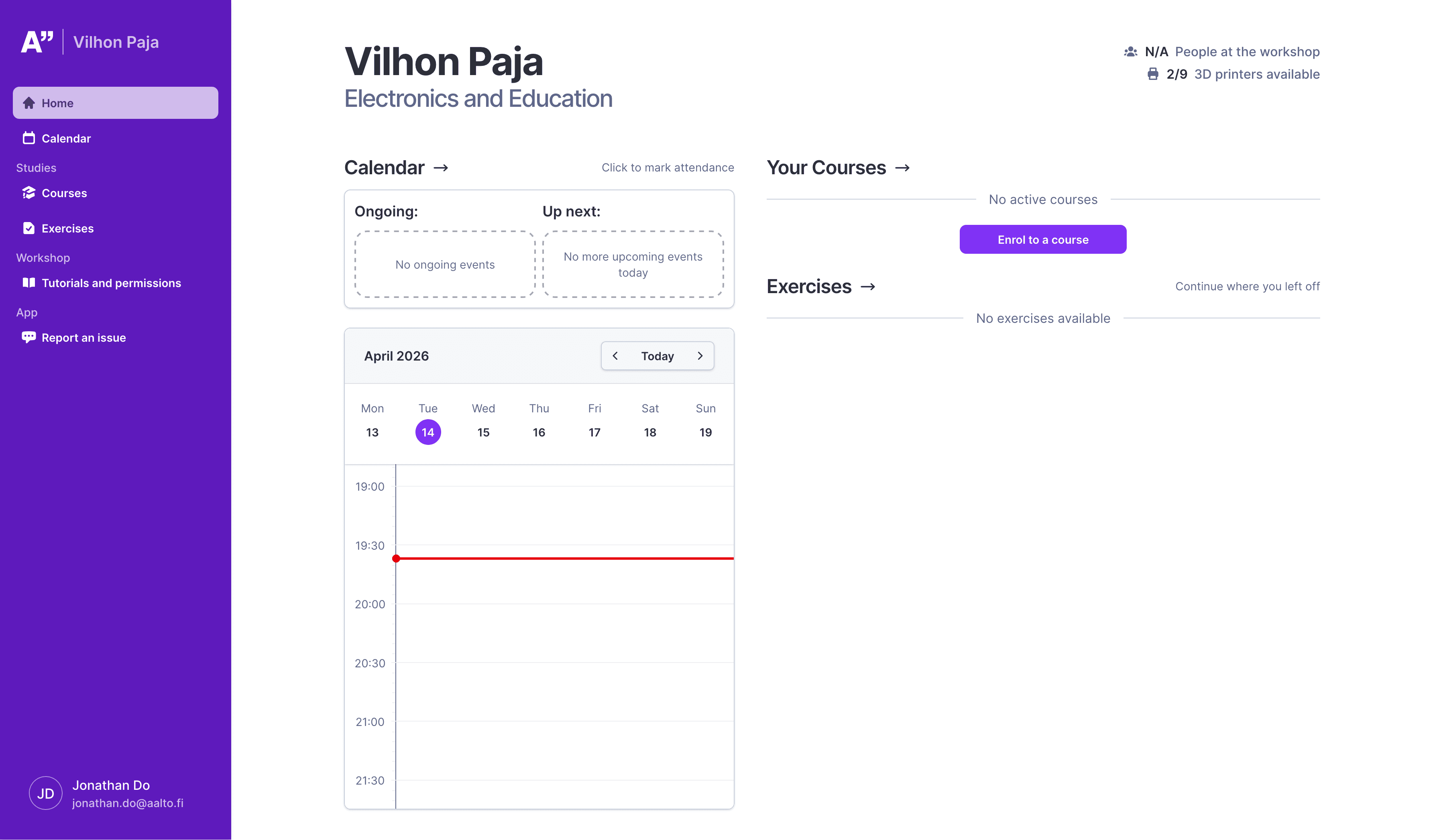 Vilhonpaja internal application dashboard with calendar, courses, exercises, and workshop status panels.