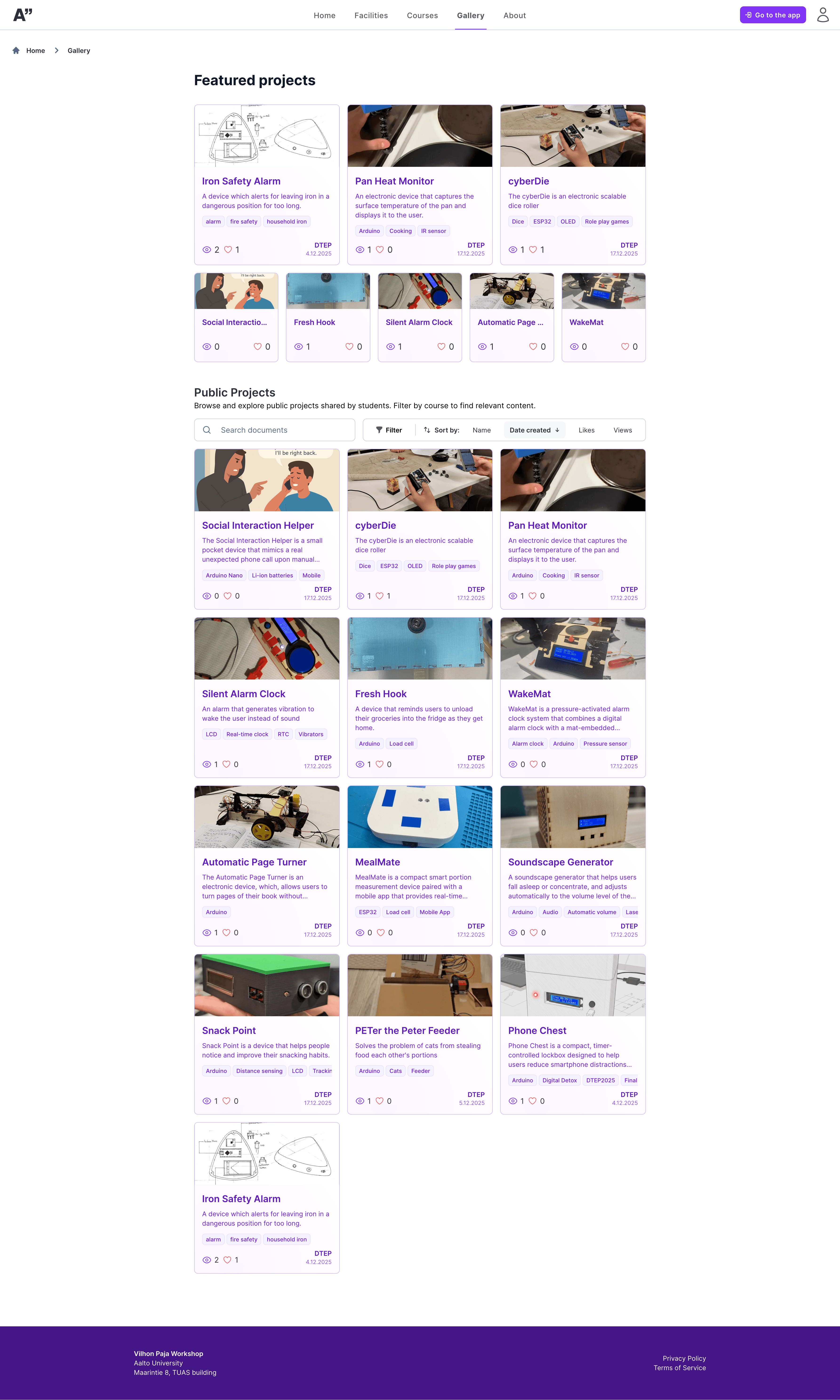Vilhonpaja gallery page with featured projects, a searchable public projects grid, and filtering controls.