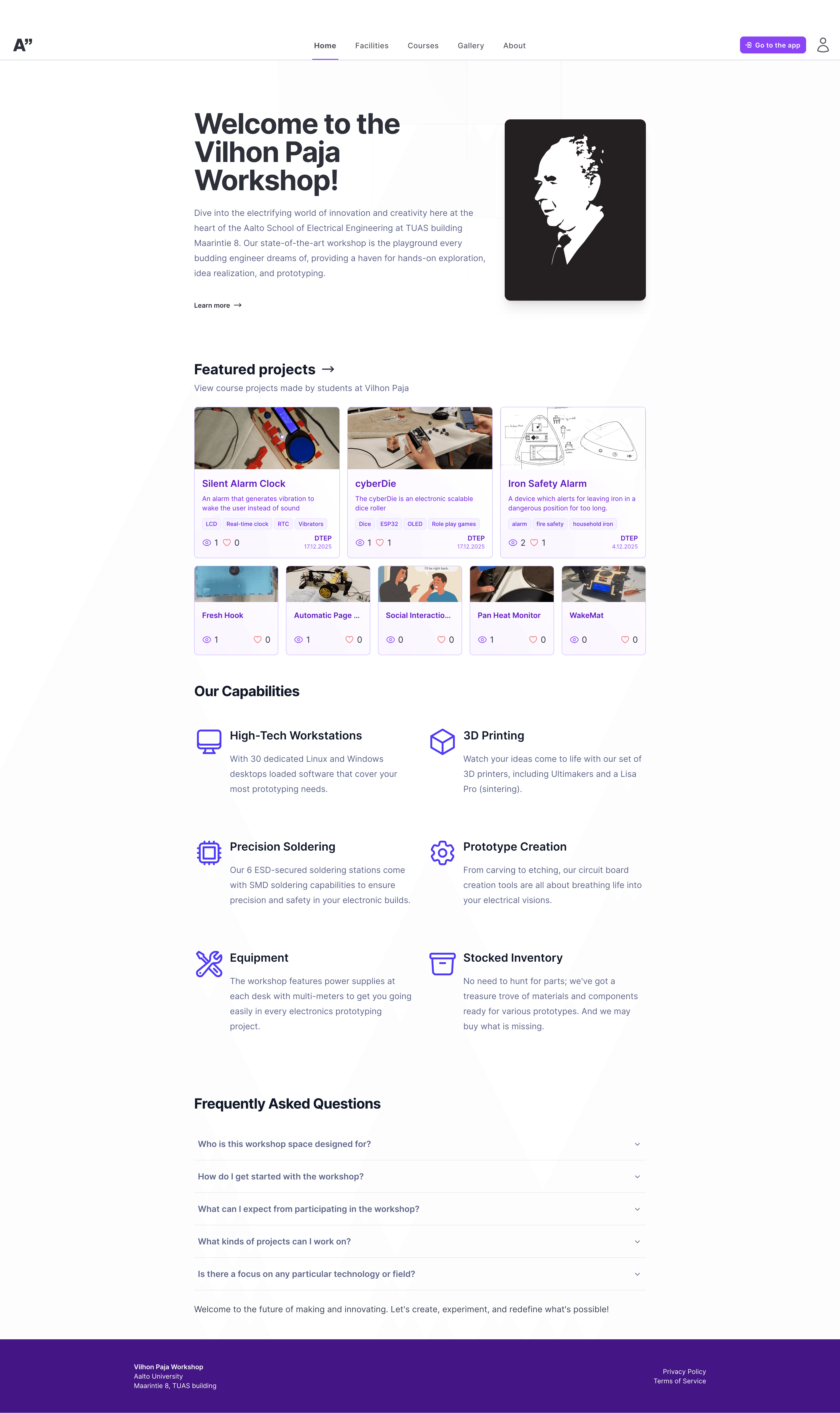Vilhonpaja public home page showing the workshop introduction, featured projects, and capabilities.